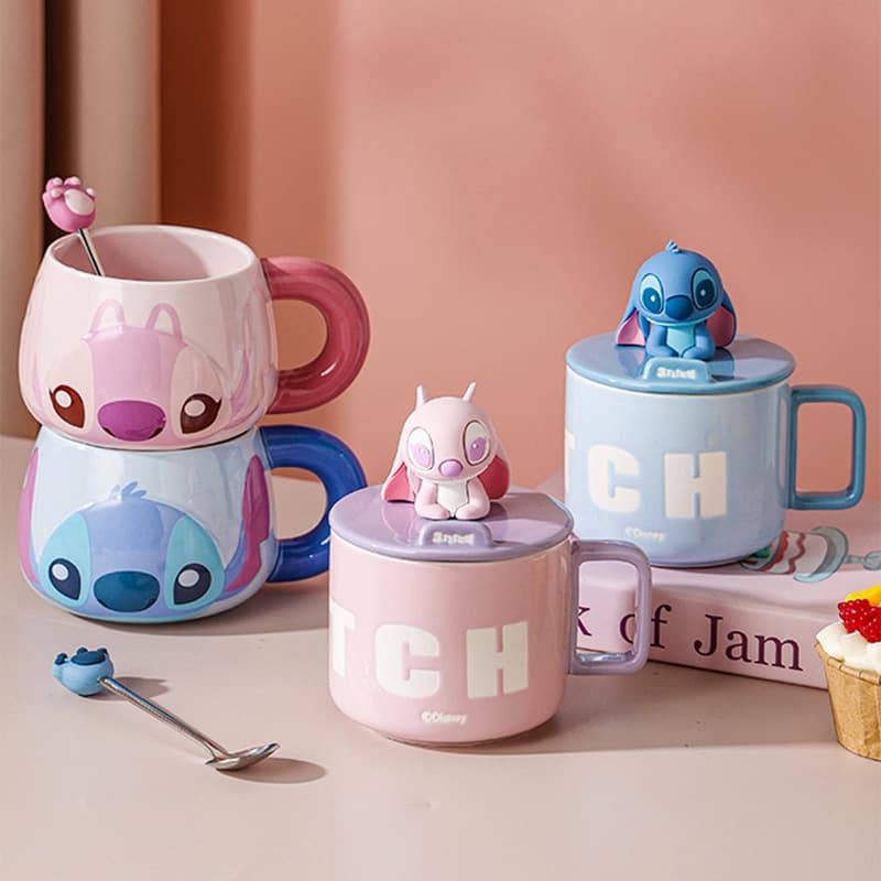 Stitch ceramic cup large capacity mug with lid and spoon water cup cartoon couple coffee cup portable gift box