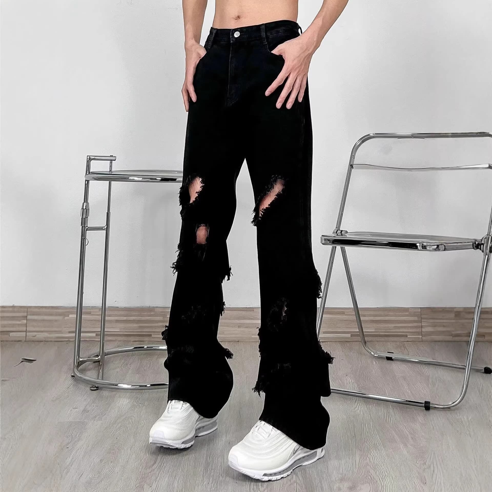 Factory Direct American Vintage Ripped Black Jeans for Men, Streetwear High Street Straight Leg Slim Fit Loose Pants