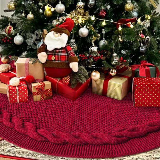 Cross-border Christmas knitted tree skirt red milky white knitted Christmas tree apron Christmas tree skirt decoration supplies