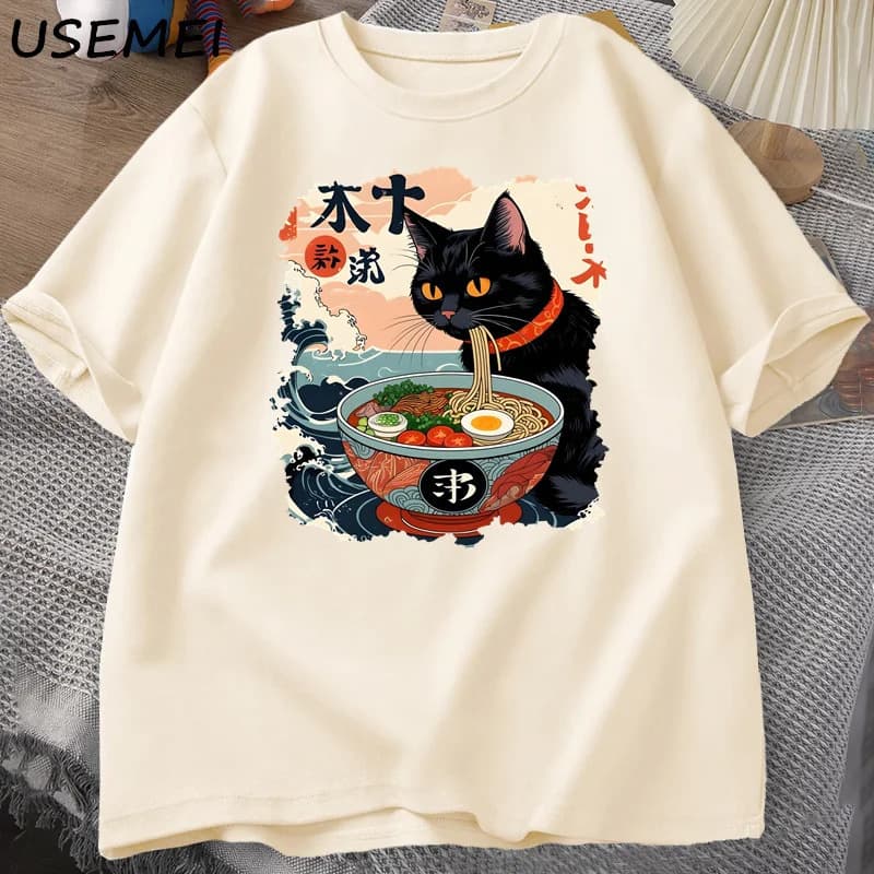 【Cross-Border European Code】Kawaii Cat Anime Tshirt Ramen Japanese Funny Gra