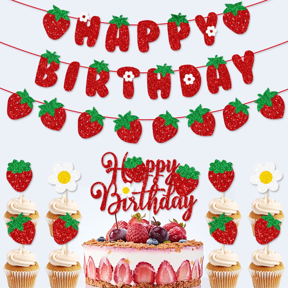 New Strawberry Theme Birthday Party Decoration, Fruit Theme Strawberry Banner Birthday Garland Decor Setup