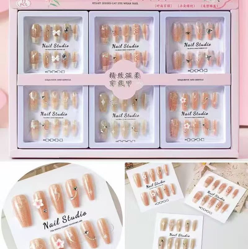 New European and American Export Press-On Nails, Cute Cartoon False Nail Stickers for Students, Cat Eye Nails