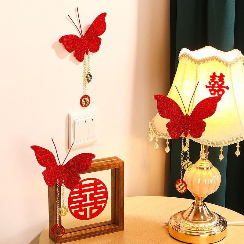 Complete Collection of Wedding Room Decorations: Red Double Happiness Character Butterfly Switch Stickers, Hanging Ornaments, and 3D Simulated Double Happiness Characters