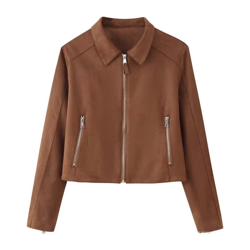 Cross-border Women's Clothing Factory Wholesale 2026 New European and American Style Turn-down Collar Zipper Short Suede Jacket Coat