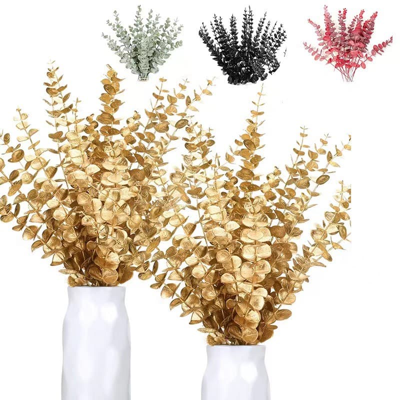 Cross-border Golden Eucalyptus Artificial Eucalyptus Leaves Single Stem 38cm Wedding Decoration Fake Green Leaves Home Artificial Flowers
