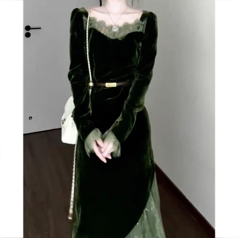 New Chinese National Style 【Firenze】Retro Romantic Lace Patchwork Design Layered Chiffon Velvet Dress