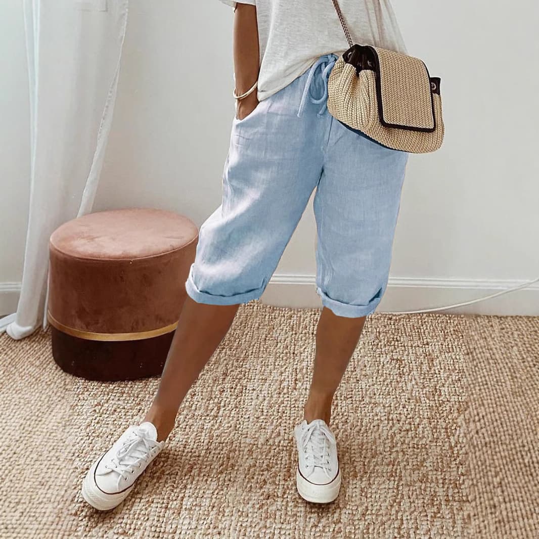 2025 New Cross-border Amazon Fashion Spring Summer Women's Cotton Linen Pocket Elastic Casual Pants Women's Capri Pants