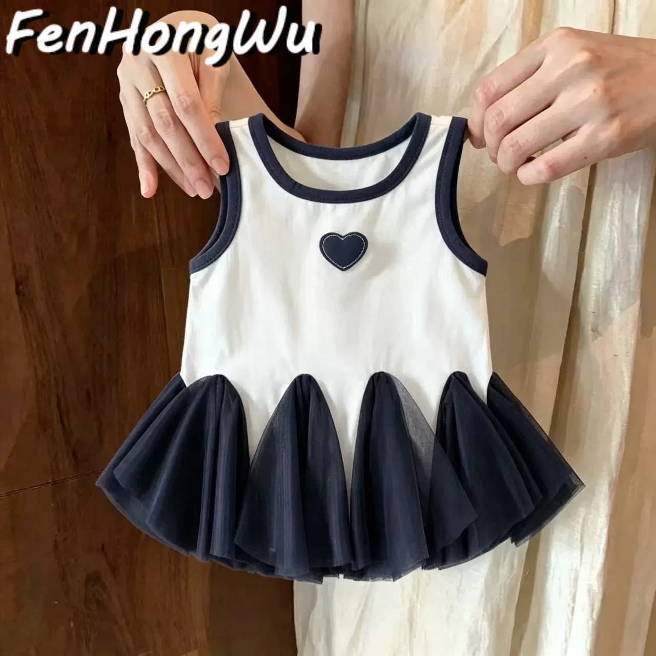 Pink House Girls Heart Print Dress New Casual Children's Clothing Stylish Little Girl Baby Loose Vest Dress Cross-border