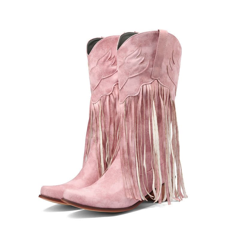 Women's Boots European/American Retro Mid-Calf Boots, Chunky Heel High Heel Round Toe Cowboy Boots, Tassel Riding Boots, Martin Boots