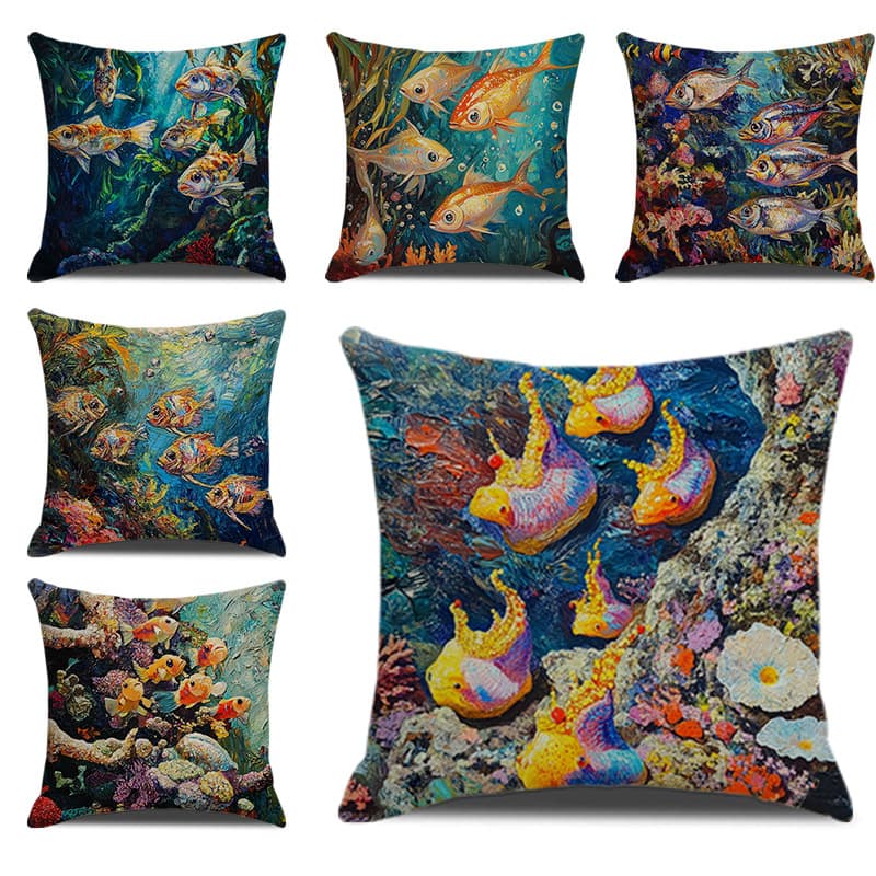 Cross-border Ocean Creature Print Linen Pillow Cover, Linen Cushion Cover for Home Living Room Decoration, Backrest Waist Pillow Cover Wholesale