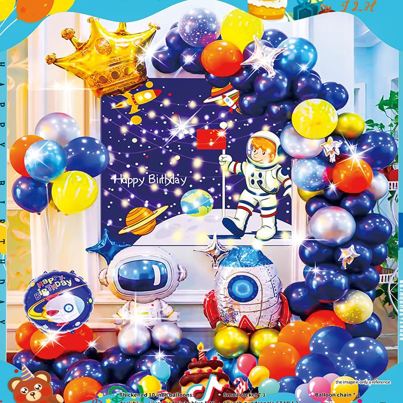 Space themed balloon set baby one-year-old child birthday party decoration astronaut rocket background wall arrangement