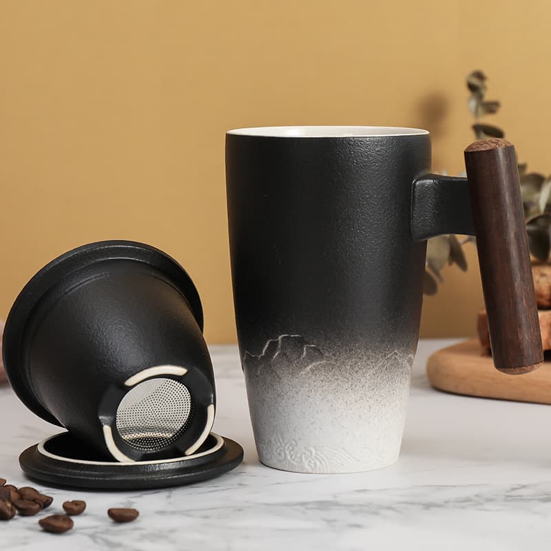 Tall Landscape Cup with Filter, Ceramic Lidded Mug, Large Capacity Tea Cup for Home