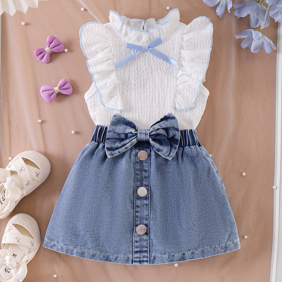 Kids Clothing 2026 Cross-Border New European and American Spring Autumn Girls' White Vest Blue Skirt Two-Piece Set