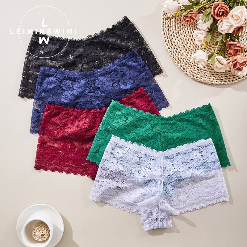 Sexy Fashion Women's Underwear Lightweight Lace Breathable Non-marking Boxers Women's Mid-waist Cotton Crotch Cross-border New