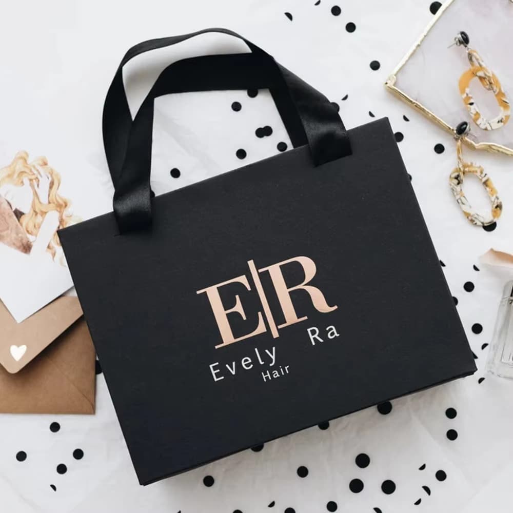 Custom Paper Bag Black Luxury Photo Frame Packaging Gift Paper Bag Ribbon Handle Shopping Paper Bag Supplier