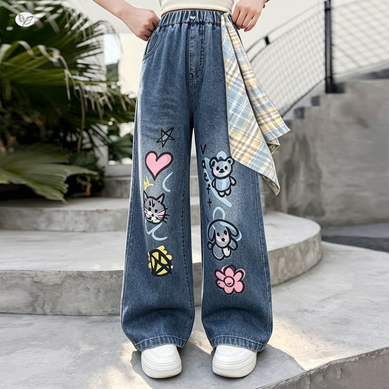 Girls' Cartoon Graffiti Jeans 2026 New Summer Style, Slim Wide-Leg Pants, Straight-Leg Pants, Children's Long Pants for Older Kids