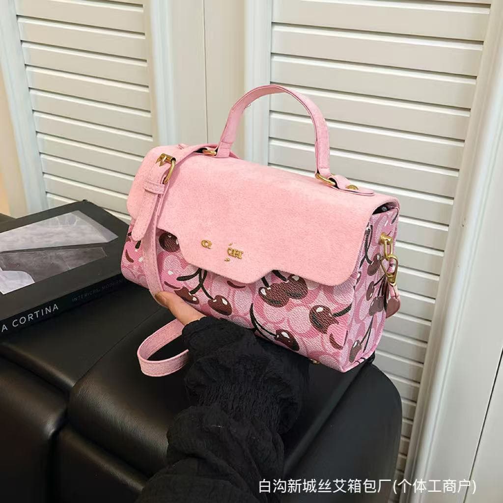 Retro Light Luxury Fashion Cherry Satchel Bag for Women, New Niche Print Patchwork Handbag, Women's Single-Shoulder Crossbody Bag