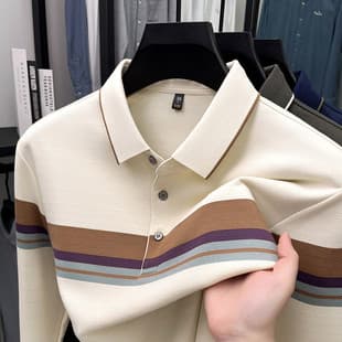 2026 New Spring/Autumn Striped High-End Business Casual Men's Polo Shirt, Turn-Down Collar, Trendy Contrast Color Fashion T-Shirt
