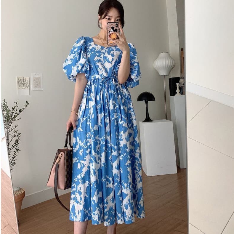 Korean chic retro slim square collar ink print discreet backless tie loose lantern sleeve dress for women