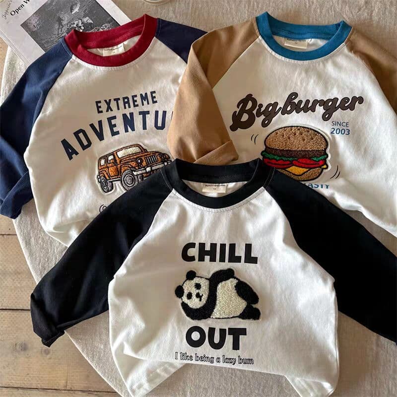 Tian Xiaosi Kids Long Sleeve T-Shirt Spring Autumn Boys Cartoon Embroidery Cotton T Baby Toddler Fashionable Base Layer Kids Clothing