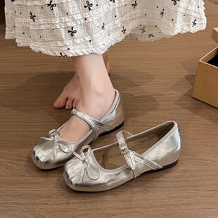 French-style Silver Ballet Flats with Hidden Wedge Heel for Women Spring 2026 New Arrival Mary Jane Leather Shoes for Dresses Evening Shoes