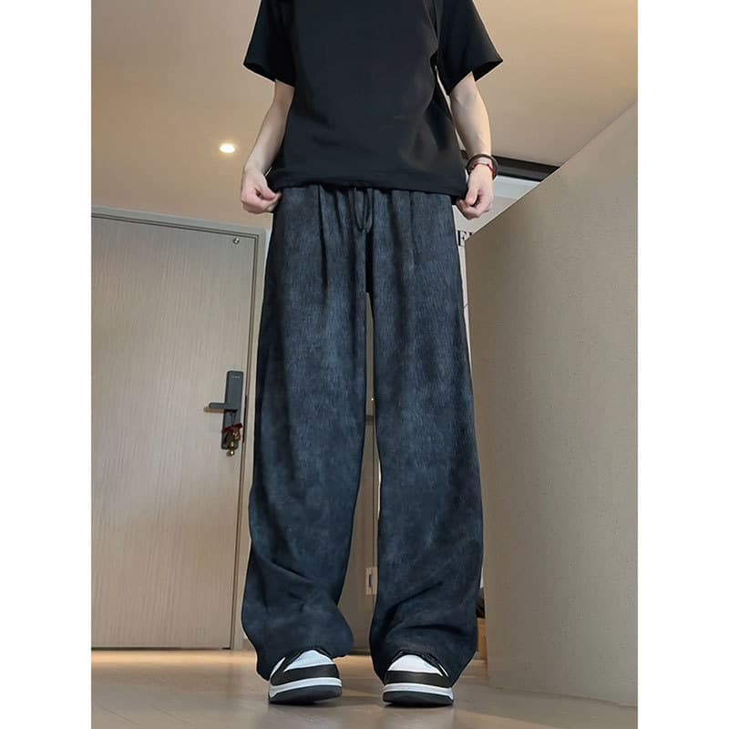 Black tie-dyed bark pattern ice silk pants for men in summer thin straight pants loose bf lazy style wide leg pants