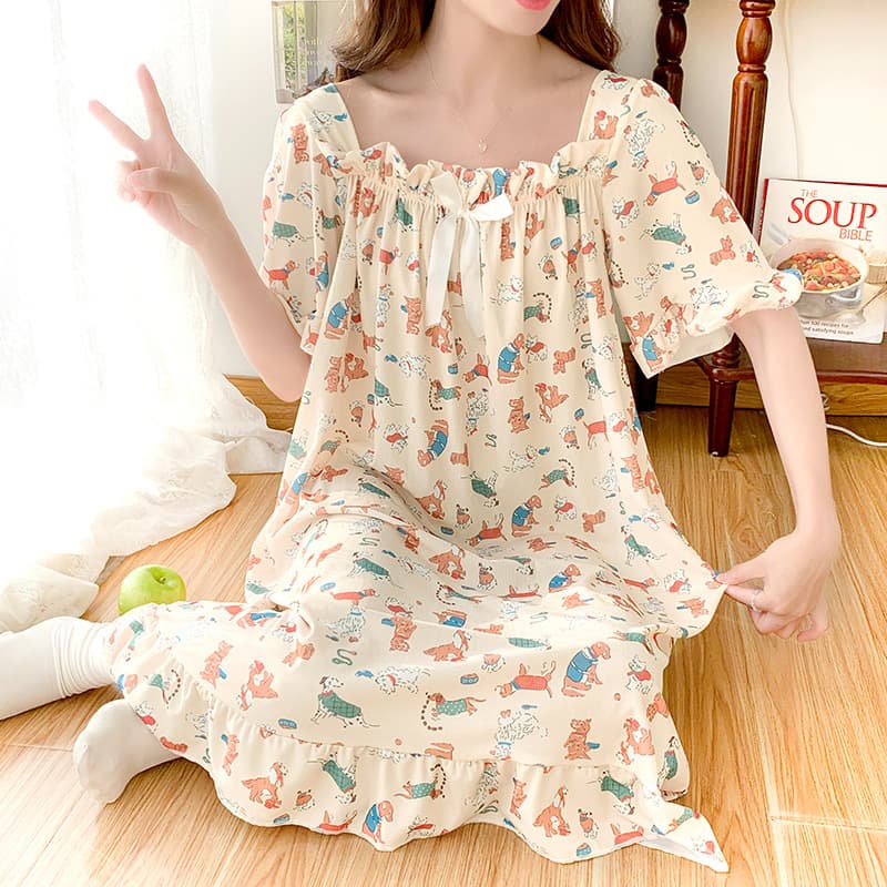 Plus Size Sleep Dress Ice Silk Summer Cute Sweet Mid-Length Loose Sleepwear for Plus Size Women Homewear