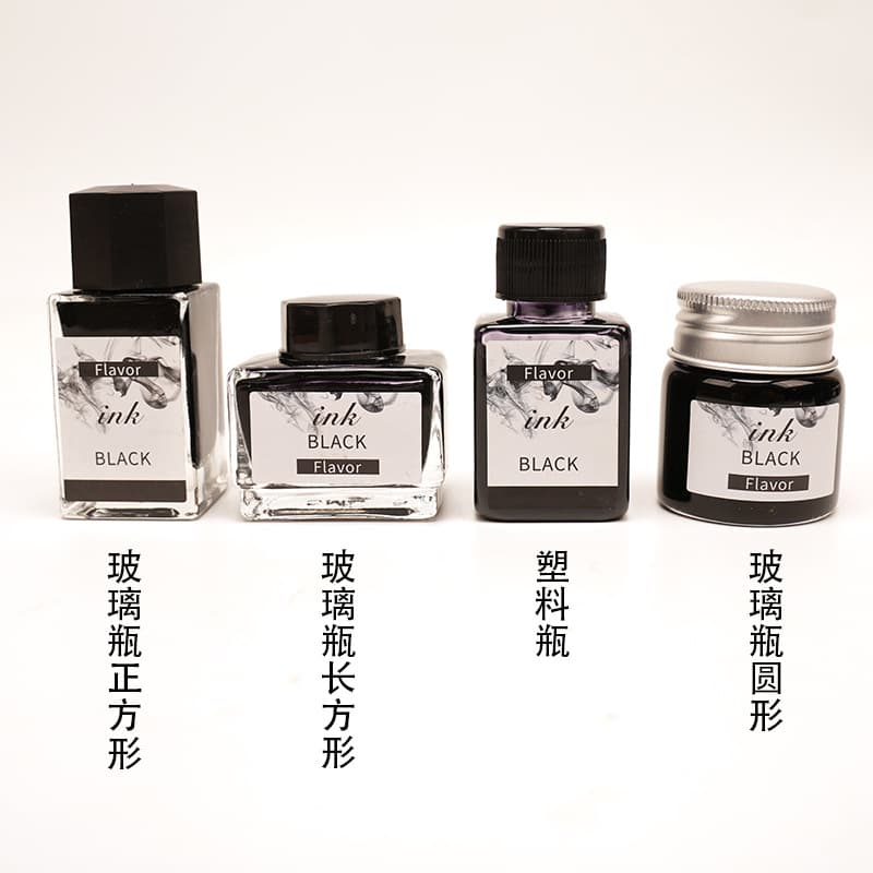 Non-carbon colored ink 12 colors clog-resistant, glass or plastic bottles in square, rectangular, round shapes for fountain pens
