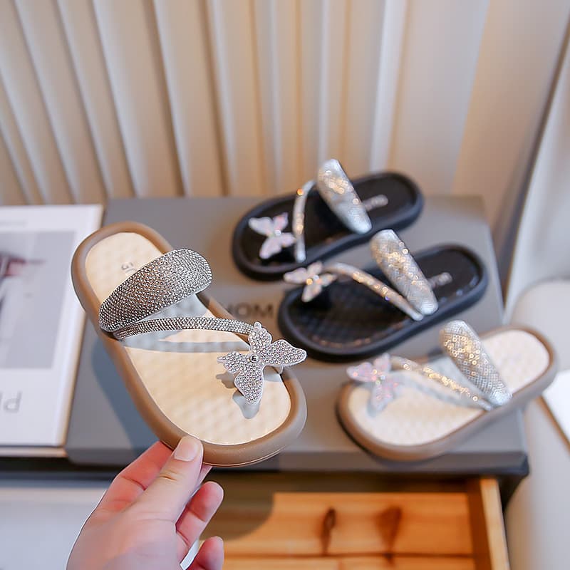 Summer 2025 Rhinestone Butterfly Knot Girls Slippers Elegant Versatile Fairy Tale Cover Toe Slippers Fashionable Internet Shoes