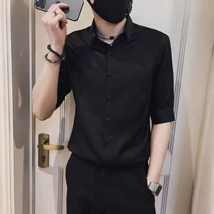 Men's Slim Fit Short Sleeve Shirt Korean Style Casual Seven-Tenths Sleeve White Shirt Trendy Half Sleeve Summer Long Sleeve Shirt