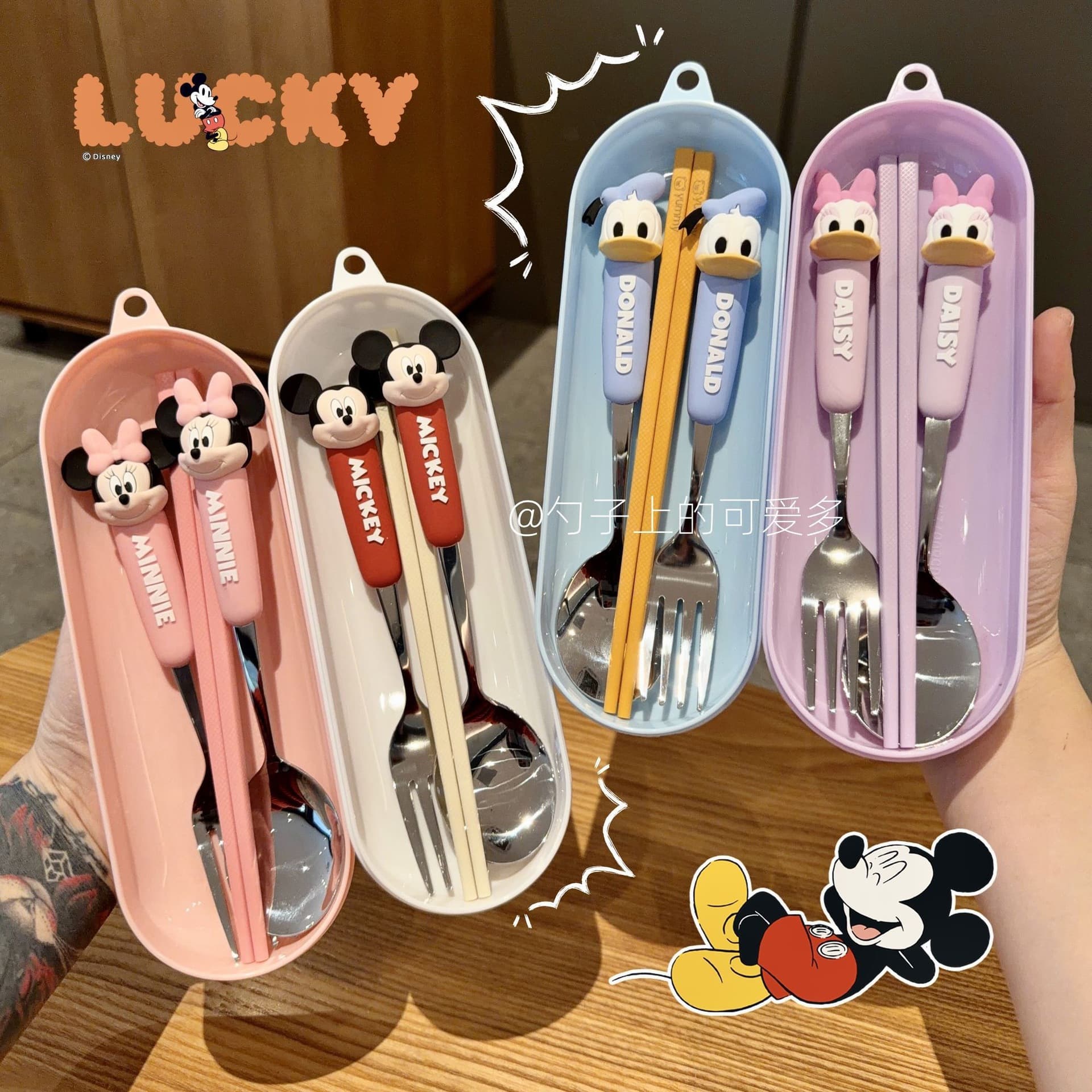 Disney Co-Branded Stainless Steel Spoons and Forks, Cute Mickey and Minnie Children's Eating Spoons, Aluminum Alloy Chopsticks Set