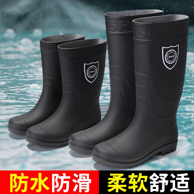 Men's Rain Boots, Anti-Slip, Fleece-Lined, High-Top, Mid-Top, Short-Top, Waterproof Construction Boots, Fishing Boots, Rain Boots, Rubber Boots, Men's Cowhide Sole