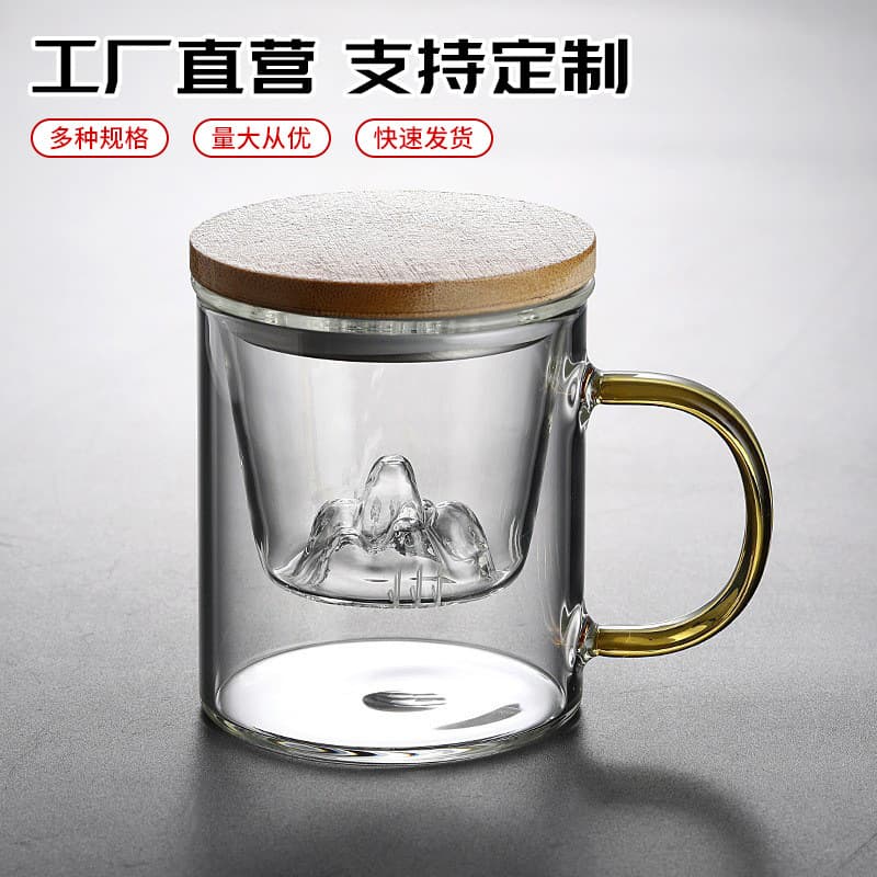 High Borosilicate Glass Three-piece Cup Heat-resistant Tea Separation Cup Office Bamboo Wood Lid Filter Mountain View Tea Brewing Cup