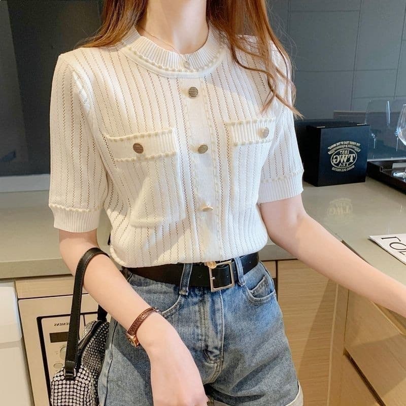 Summer 2026 New Chanel-Style Round Neck Short Sleeve T-Shirt Ice Silk Knit Top Slimming Women's Top