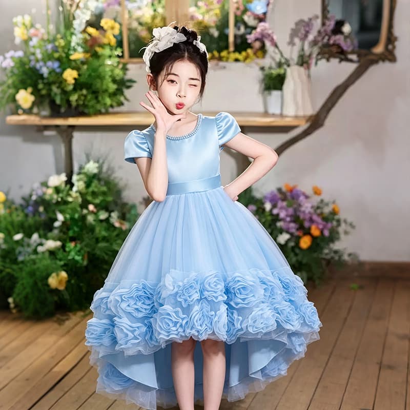 Girls Dress Trailing Formal Flower Girl Dress Children's Floral Tutu Princess Dress Baby Girl First Birthday Formal Dress