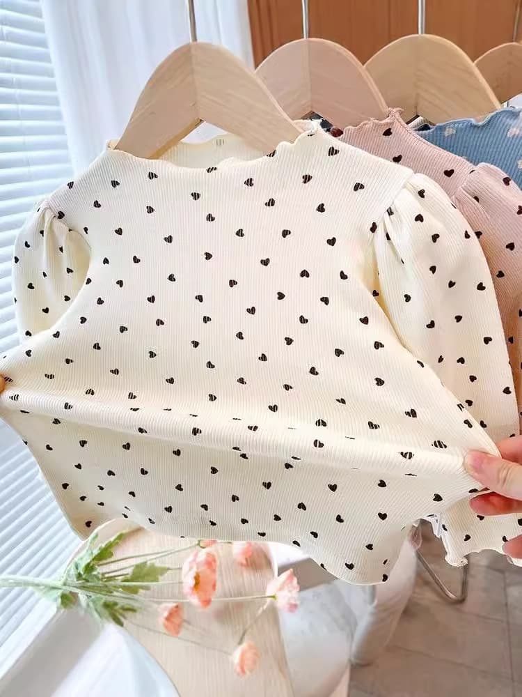 Spring/Autumn Girls' Base Layer Top, Stylish Kids' Trendy Korean Style with Ruffle Trim and Heart Bubble Sleeves