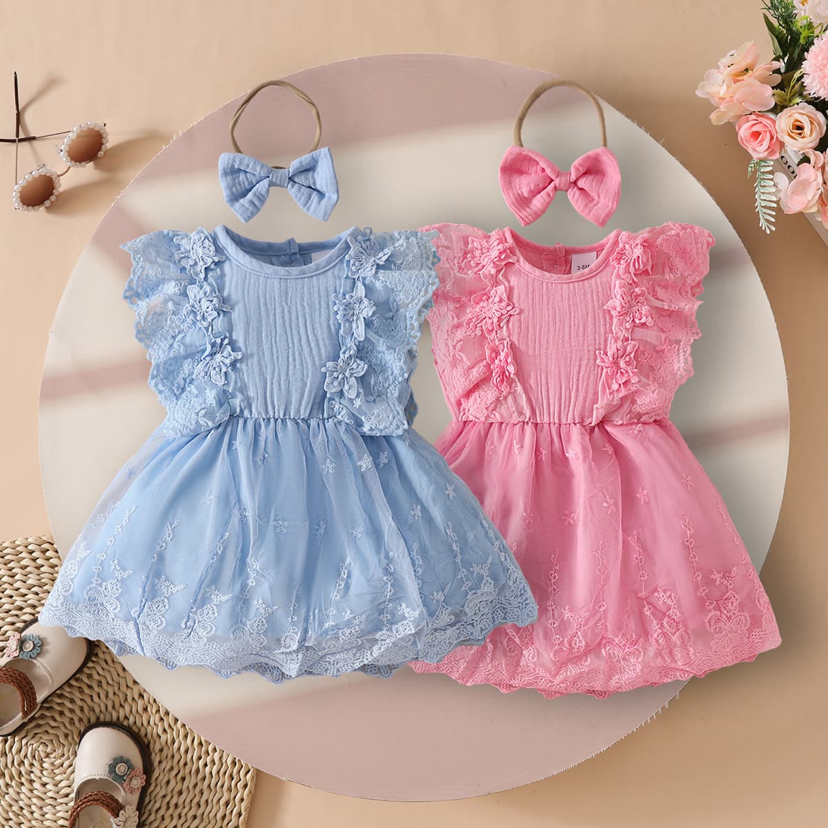 2025 Baby Girl Summer Dress Lace Sleeveless Double Crepe Embroidered Pattern Mesh Patchwork Dress