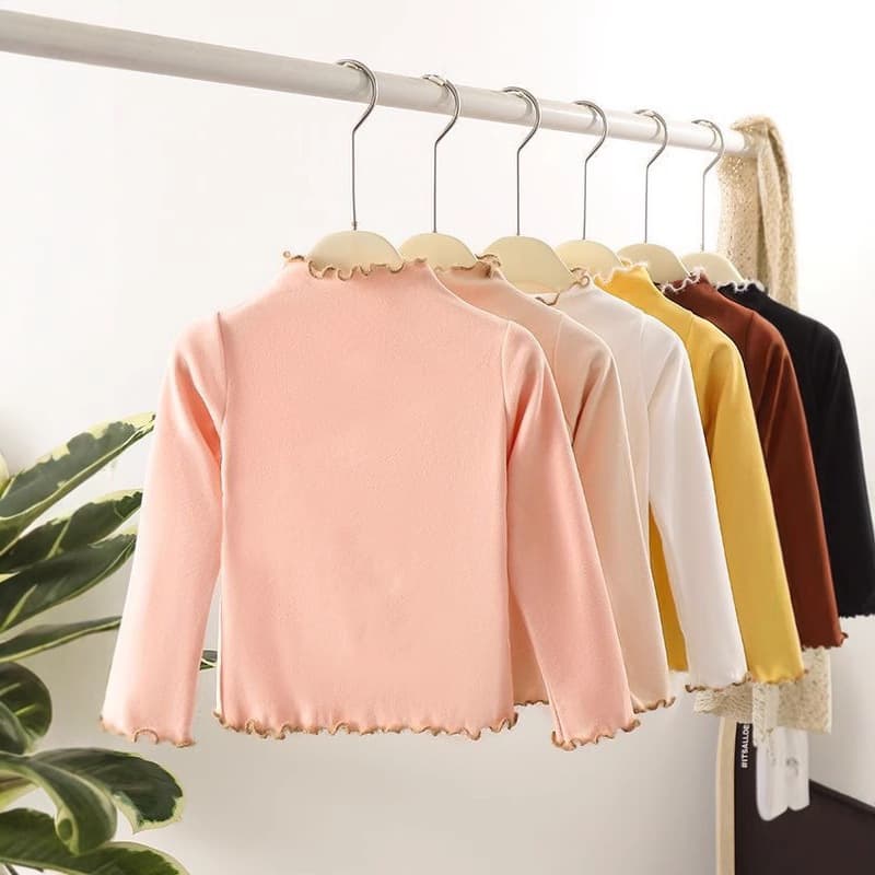 Spring/Autumn Girls' Base Layer, Baby Fashion Kids' Trendy Korean Style Thermal Color-Block Ruffle-Trim T-Shirt Top