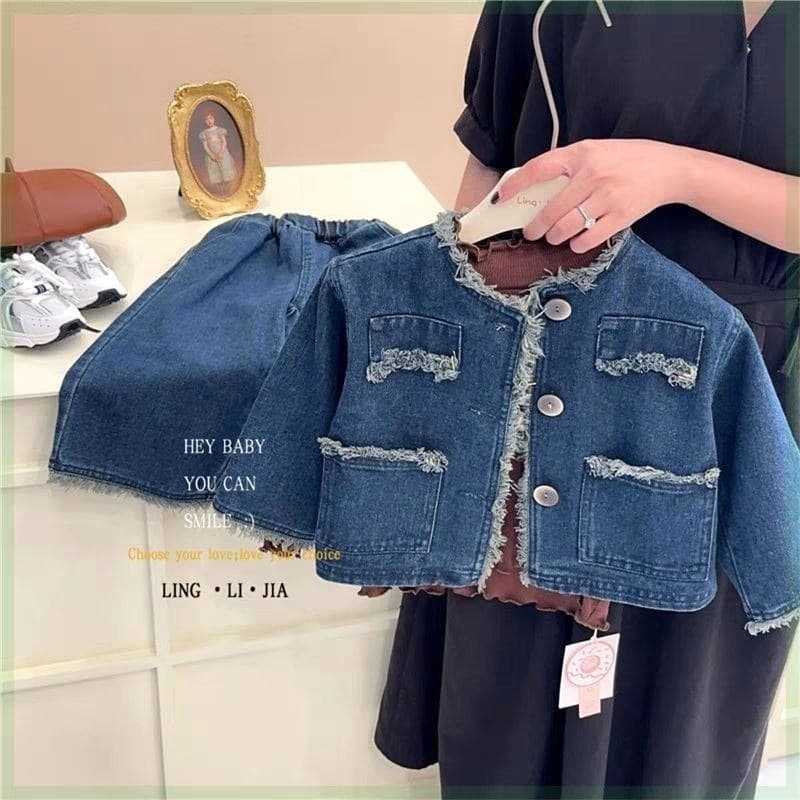 Girls denim suit autumn and winter 2025 washed denim long-sleeved top + wide-leg jeans 2-piece girl jacket
