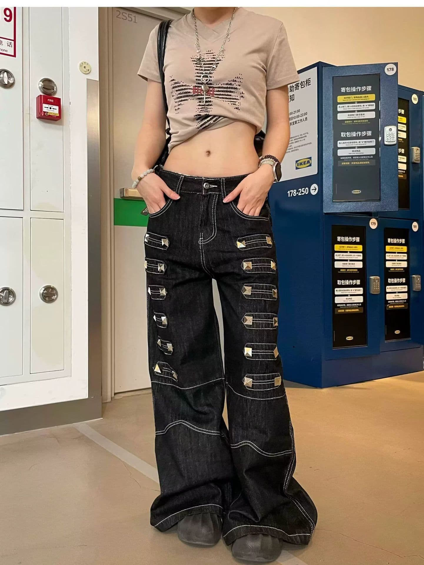 American Retro Heavy-Duty Rivet Stitching Design Wide-Leg Jeans for Women, Light Punk Loose Straight-Leg Floor-Length Pants