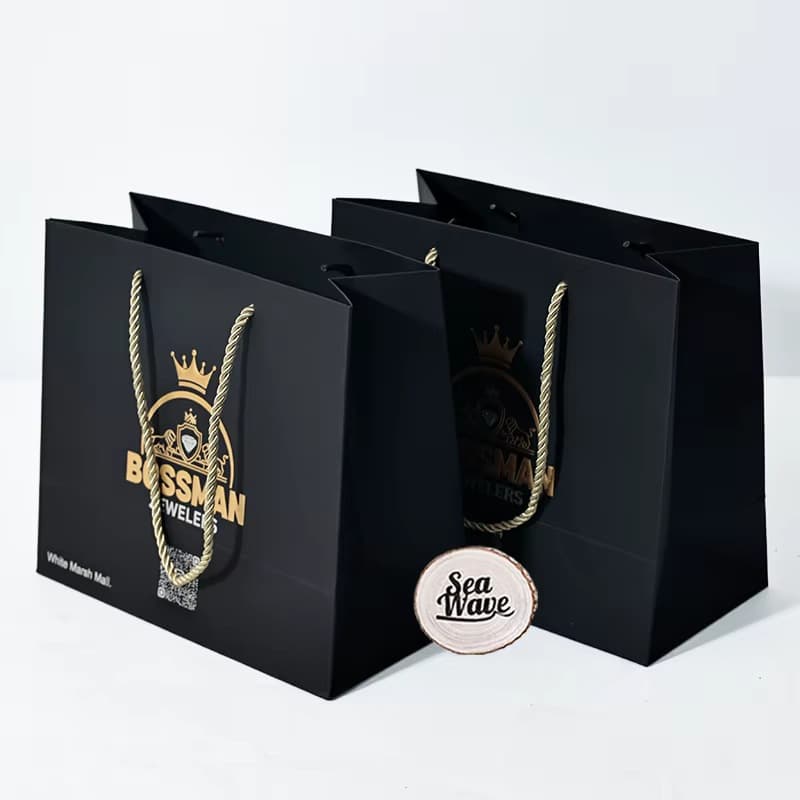 Small Business Black Retail Custom Print Paper Gift Bags Branded Luxury Shopping Bags