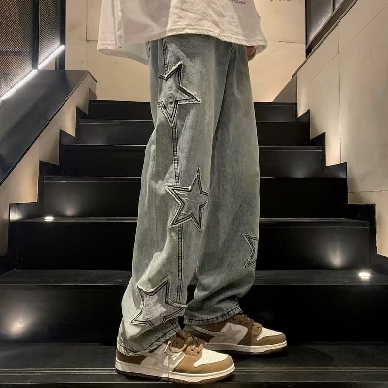 Hong Kong Style Five-Star Jeans Men's Streetwear Loose Straight Wide Leg Casual Korean Denim Pants Factory Direct