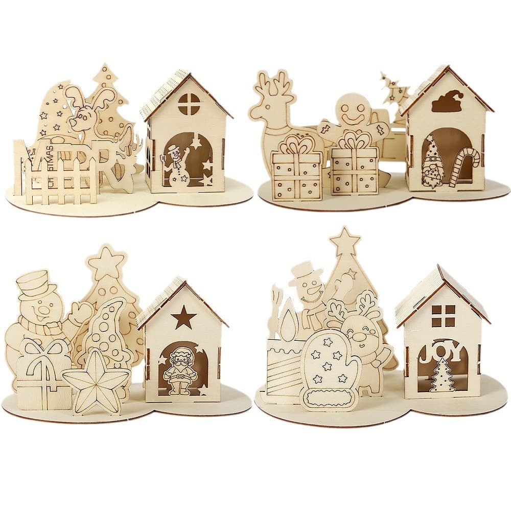 Christmas decoration cartoon elk Christmas tree house wooden puzzle diy wooden sign desktop decoration supplies