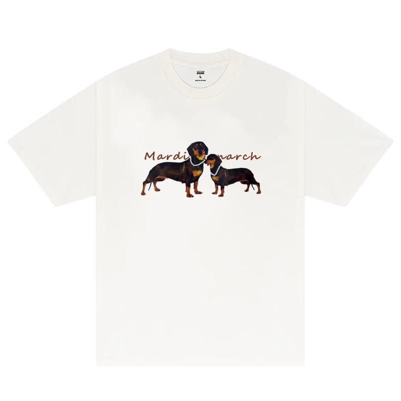 Korean Mardi Short-Sleeve T-Shirt Pearl Necklace Dachshund Print Jennie Same Style Cotton T-Shirt Top