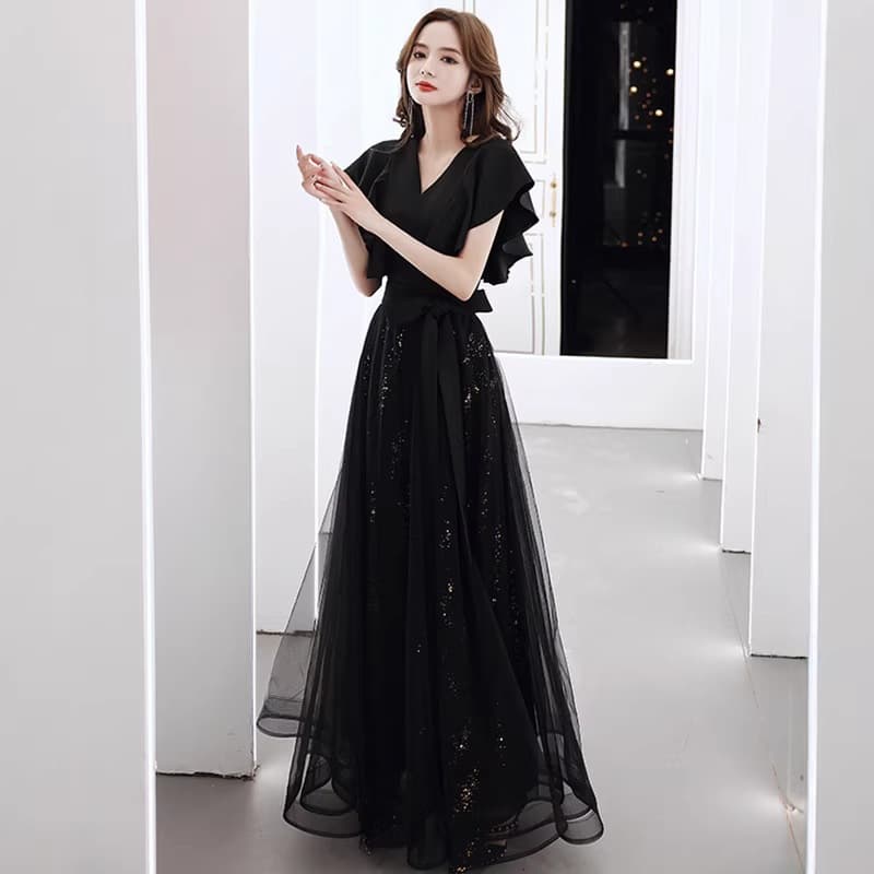 Black evening dress for women, banquet style, long, socialite, middle school student art exam host choir performance dress