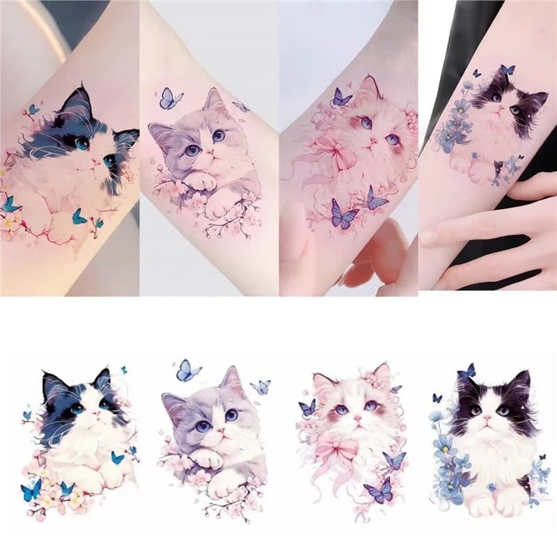 Butterfly Cute Cat Tattoo Sticker Color Waterproof Angel Cat Long-lasting Fresh Ins Arm High-Looking Cartoon Sticker