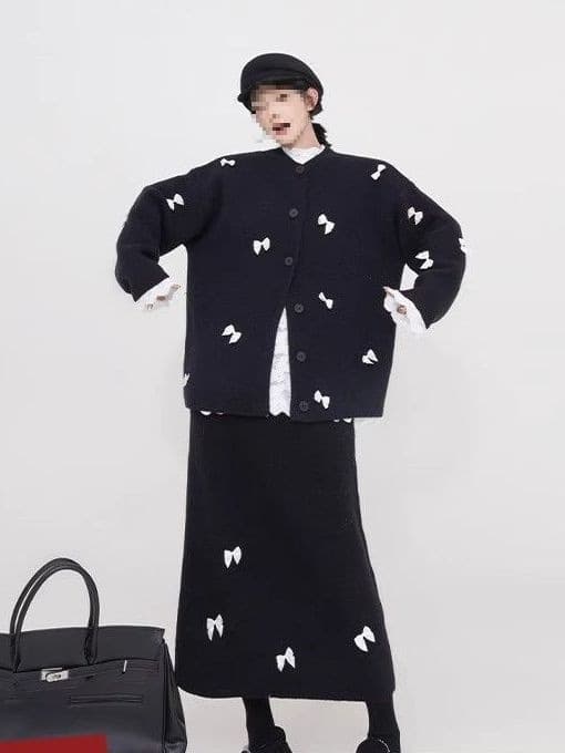 Bow Long-Sleeve Sweater Coat for Women, Autumn/Winter Korean-Style Design Loose Knit Top Set