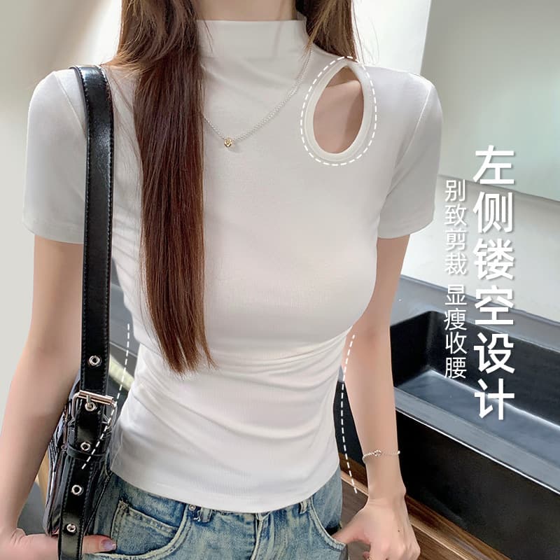 Half-High Collar Short-Sleeve T-Shirt for Women, Spring and Summer Slim-Fit Regular Shoulder Knit Base Shirt with Hollow-Out and Ripped Design