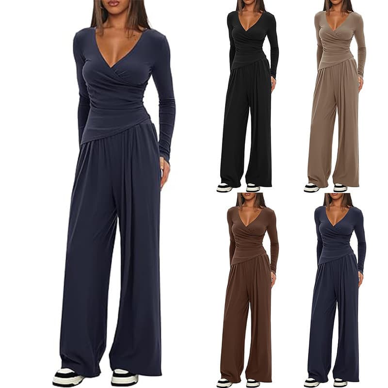 Amazon Cross-border Solid Color 2-Piece Casual Set Knit V-Neck Long Sleeve Wide Leg Pants Casual Matching Sportswear Set