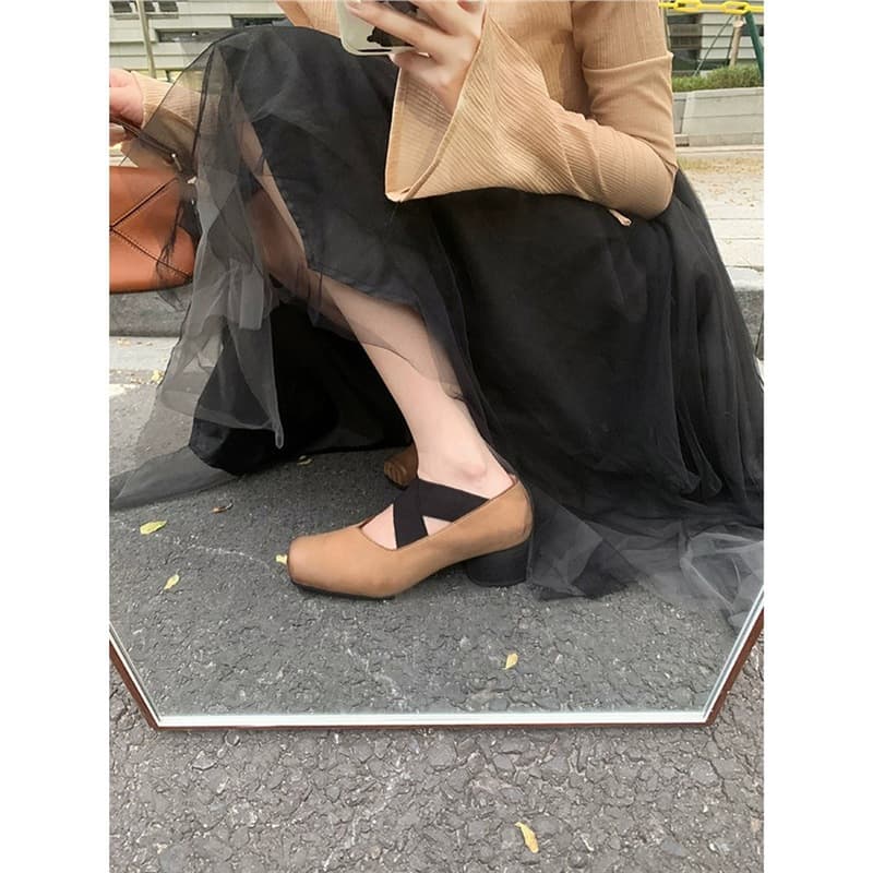 Sheepskin version ~ square toe ballet shoes for women to wear cross uma pig nose shallow mouth retro flat sole thick heel single shoes